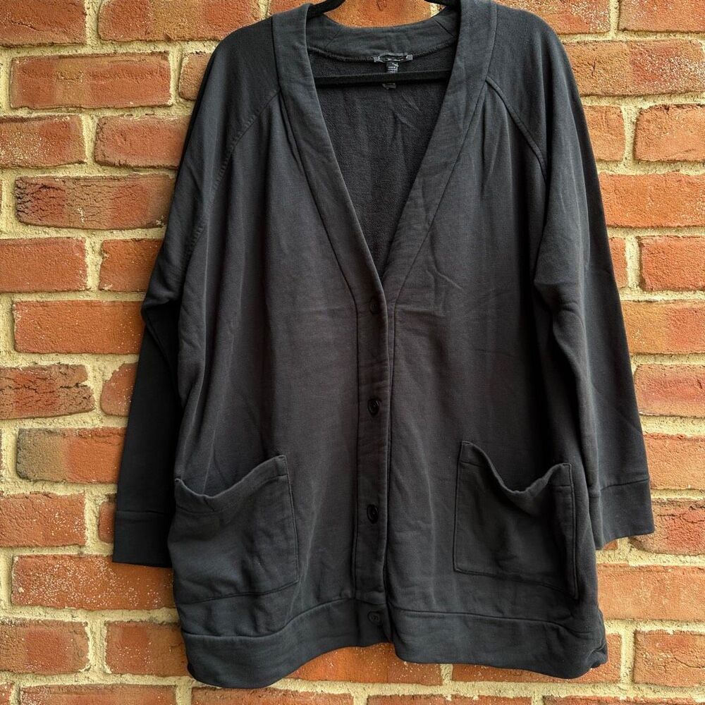 Eileen Fisher $188 Organic Cotton Terry Long Cardigan washed black 1X NEW